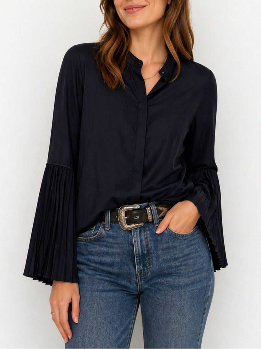 Elie Tahari Navy Silk Blouse Pleated Bell Sleeve Top Minimalist Luxury Workwear